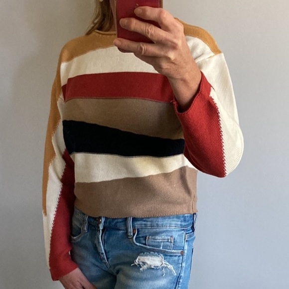 Cropped, Asymmetrical Stripe Long Sleeve Sweater - Picture 6 of 7